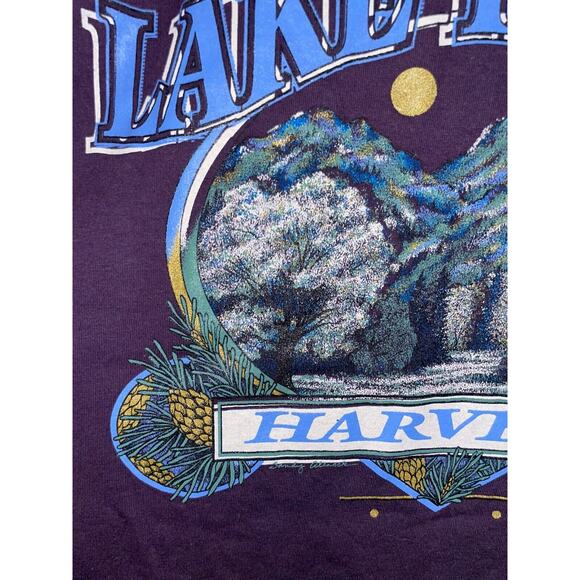 Vintage Lake Tahoe Shirt Harveys Tee Jerzees USA Purple 90s Graphic Large - Picture 3 of 12